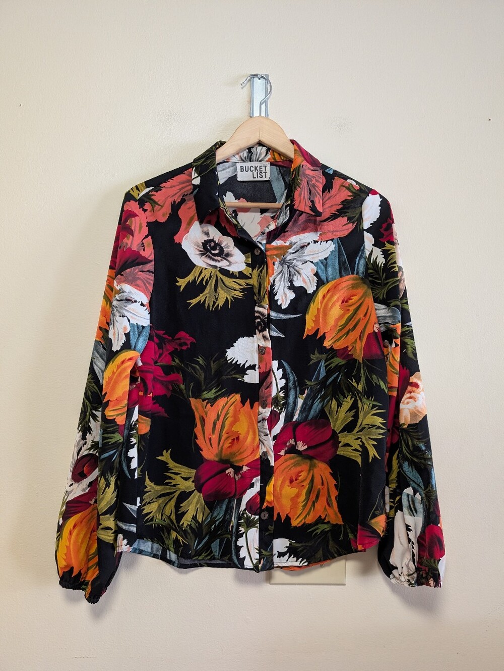 Bucket List Black Floral Button Down Blouse Medium Bold Botanical